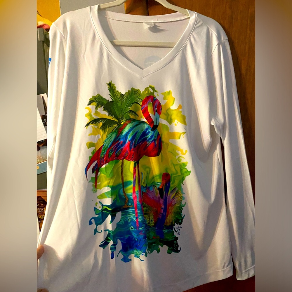Sport tek sun protector shirt with colorful flamingos from Four Winds Marina